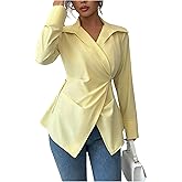 GORGLITTER Women's Wrap Formal Blouses Dressy Long Sleeve Collared Work Shirts Business Casual Outfits Yellow Medium