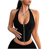 MakeMeChic Women's Denim Vest Top Halter Sleeveless Open Back Jean Crop Corset Tops