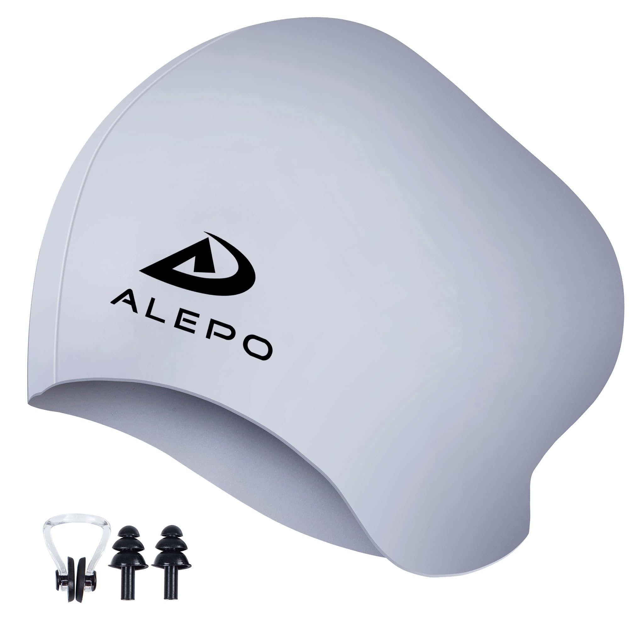 Alepo Swimming Cap Women Men, High Elasticity Thick Silicone Swimming Hat for Long Hair Unisex Adults, Bathing Swim Cap with Ear Plugs and Nose Clip, Keep Your Hair Dry（White）
