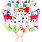 PAIOJVN Colorful Happy Birthday Surfer Heishi Clay Stackable Bracelets Bohemian Multilayer Cake Flower Gold Beads Preppy Stretch Bracelet Set for Women Party Jewelry
