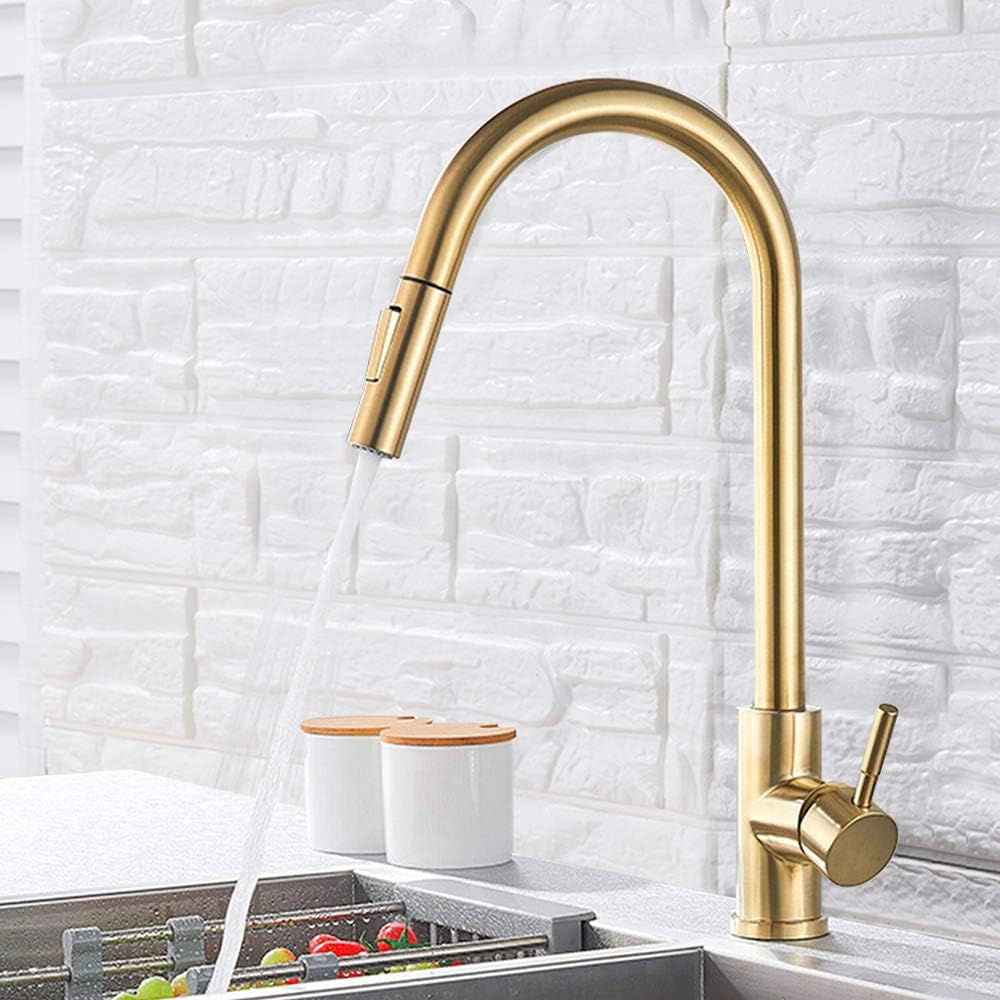 Onyzpily Brushed Gold Kitchen Taps Pull Out 2Way Spray and Stream