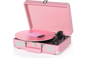 DANFI AUDIO DF Vinyl Record Player Bluetooth 3-Speed Portable Suitcase Turntable with Built-in Speakers, USB Recording Vinyl to MP3, RCA, AUX & Headphone Jacks, Soft Pink