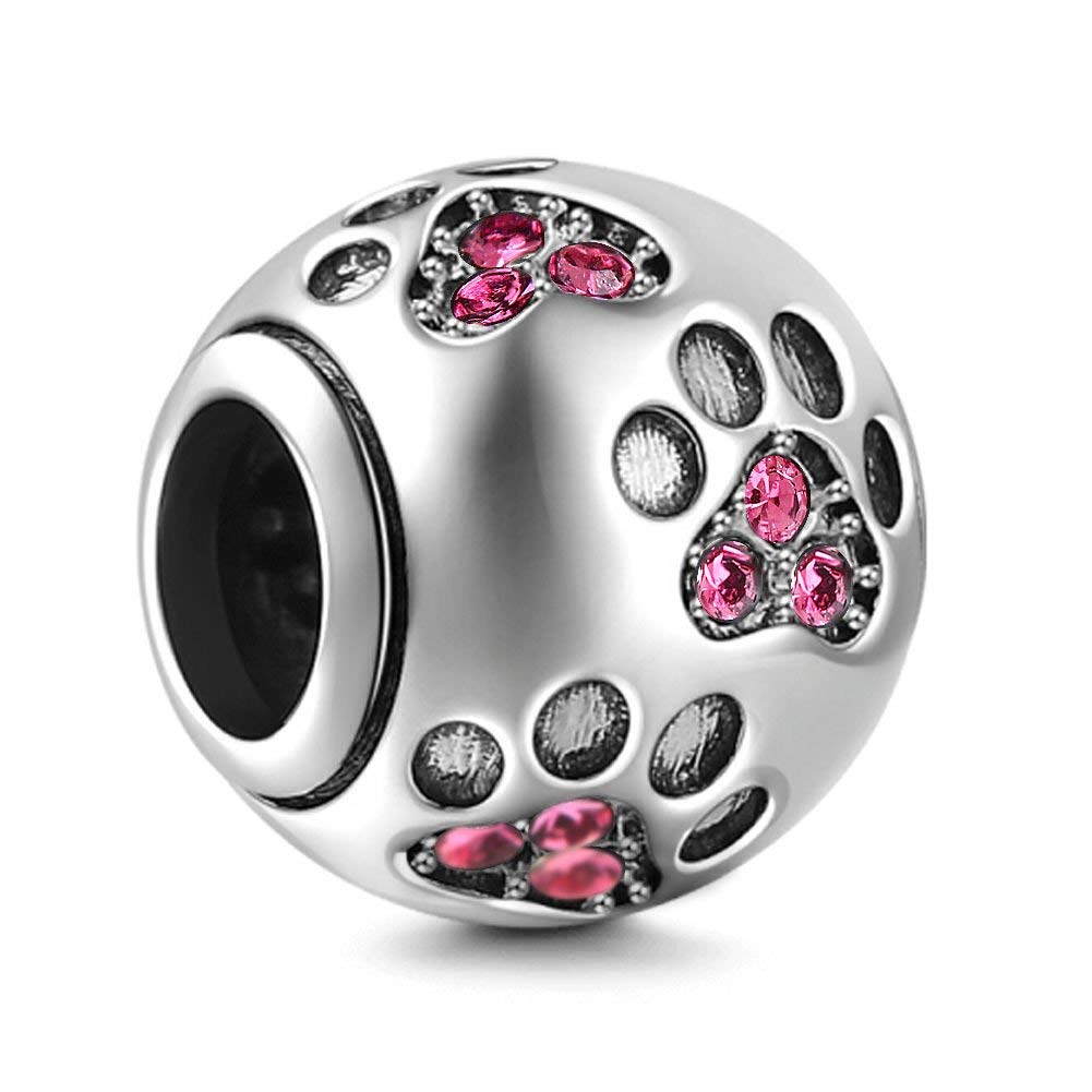 Ollia Jewelry Paw Prints Solid 925 Sterling Silver Charm with Rose Crystal Designs Ball Shape European Style Beads and Charms