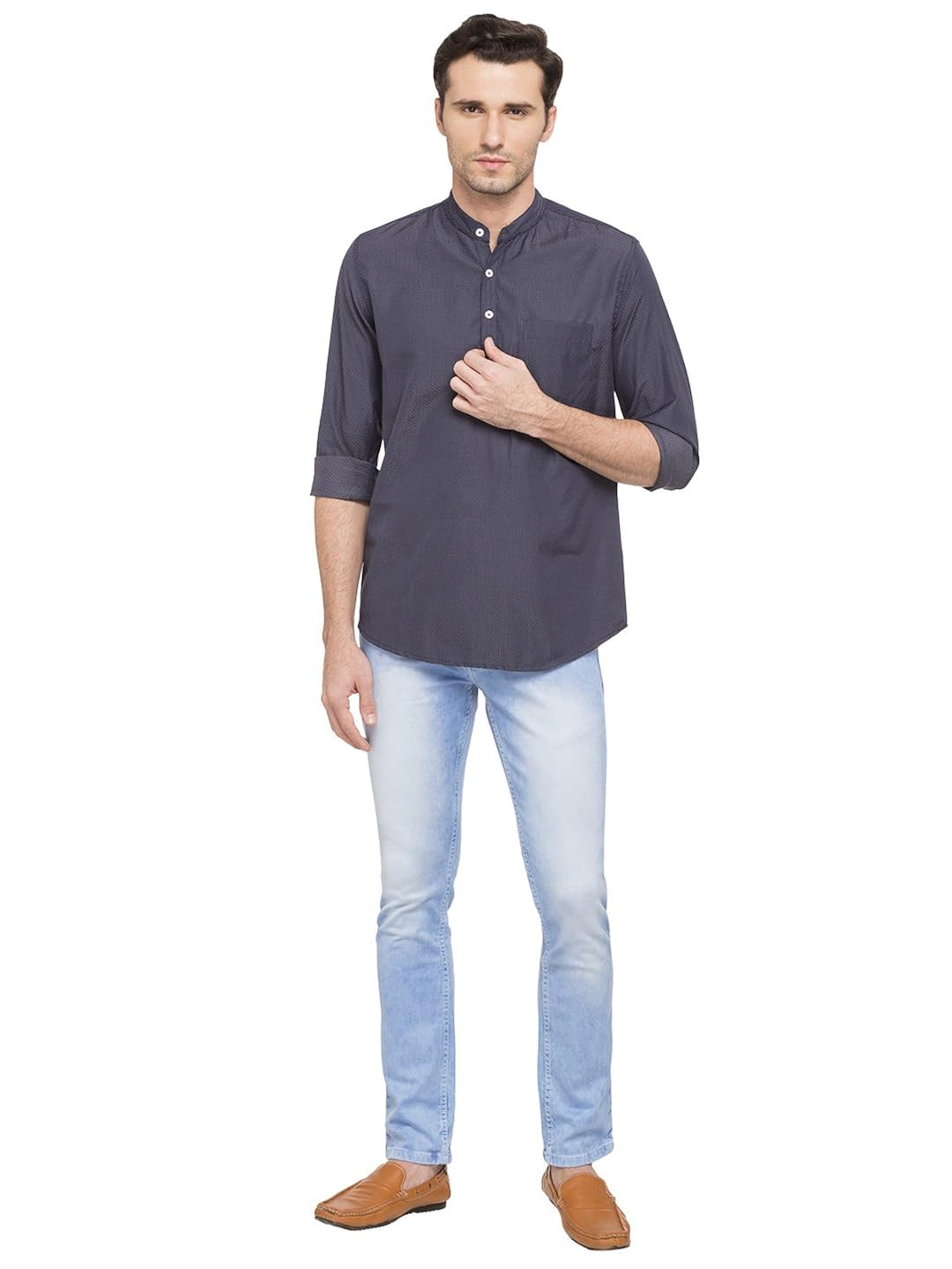 nick&jess men's ethnic wear : navy blue dobby short kurta shirt
