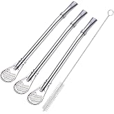 Yerba Mate Bombilla Gourd Drinking Filter Straws 304 Food-Grade Stainless Steel 6.1 inch Long Spoon Bombillas Straws for Mate Tea Set of 3 with Cleaning Brush (silver)