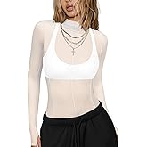Mesh Sheer Long Sleeve Layering Tops for Women Mock Neck Sexy Going Out Lace Tee Shirt See Through Party Club Concert Blouse