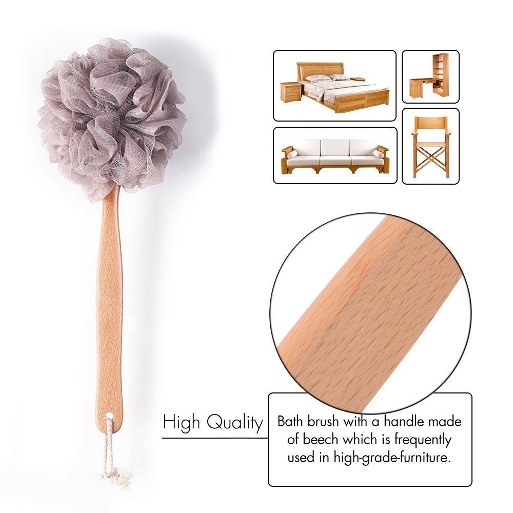 Bath Sponge & Brush Long Handled Loofah Back Scrubber Shower & Bath Exfoliating Pouf Scrubber on a Stick Body Back Brush with a Wood Handle Loofah Mesh for Men & Women By Krramel (PURPLE)