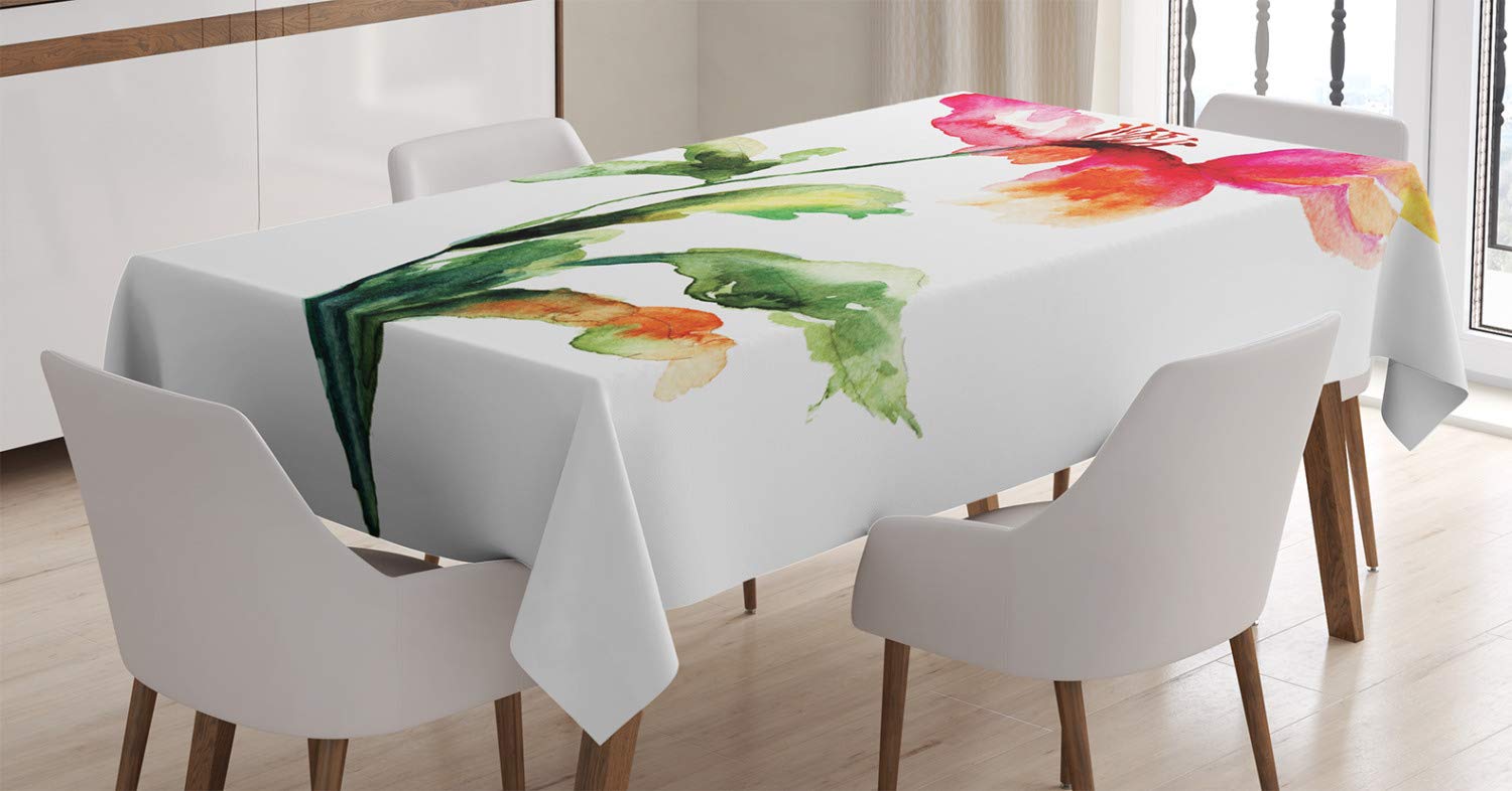 ABAKUHAUS Watercolor Flower Tablecloth, Shaded Single Poppy Flowering Plant Muse Nature Earth Divine Grace, Dining Room Kitchen Table Cover, 54" x 94", Green White