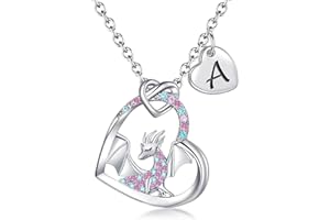 BAOWING Dragon Necklace Gifts for Kids Girls Rainbow Dinosaur Animal Pendant Colorful CZ Heart Letter Initial Jewelry Gifts for Daughter Granddaughter Niece Little Teen Girl