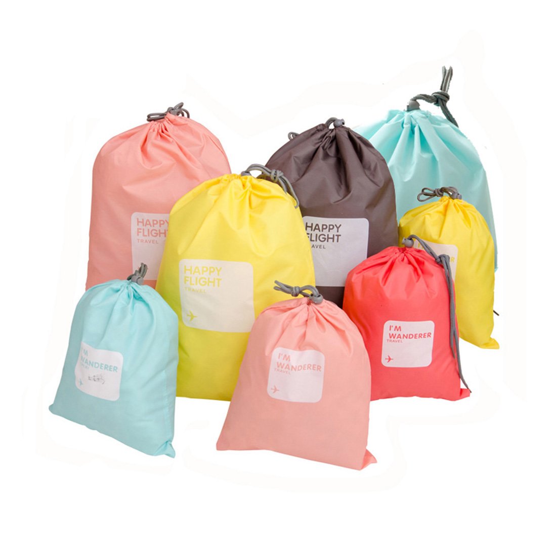 LZYMSZ 8 PCS Nylon Drawstring Bag, Waterproof Travel Storage Bags, Clothing Shoes Organiser Dirty Sack Bag for Gym Swimming Beach School Sport (8-Color)