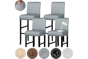 LEBALEY Bar Stool Covers Set of 4, Waterproof Seat Covers for Barstool, Pu Leather Chair Seat Slipcovers Dining Chair Cover Removable Washable Chair Protctor Cover, Rear Covers (Grey)