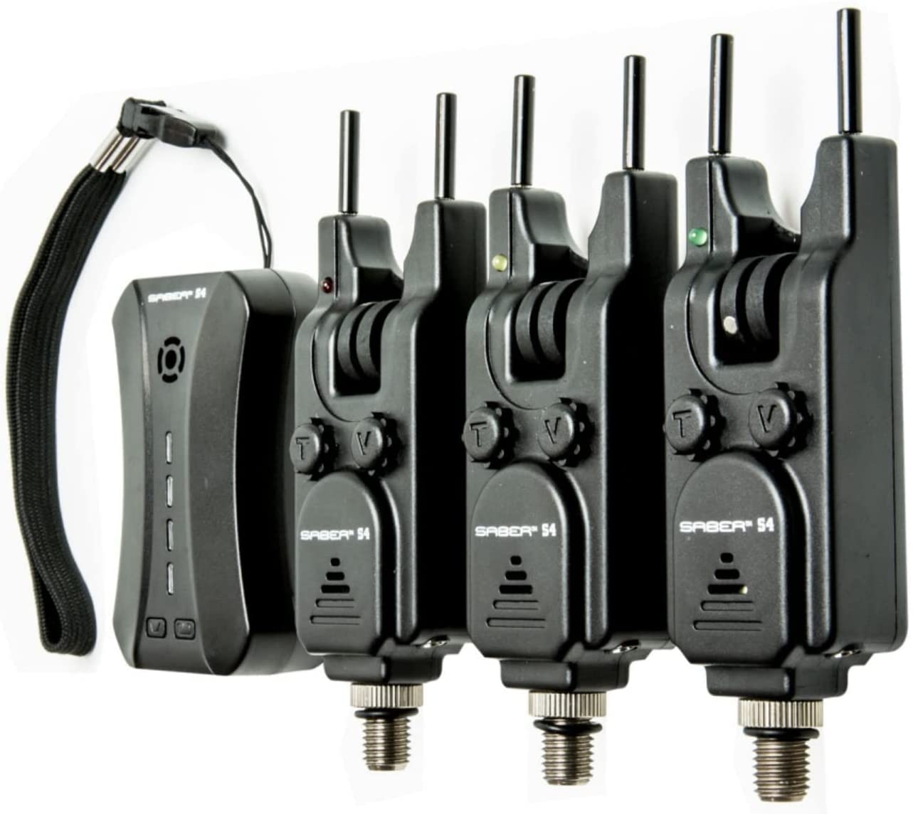 Saber - S4 Wireless Bite Alarms Set - 3 in 1 - Carp Coarse Fishing Set - Adjustable Volume & Tone - 4 Way Receiver - Removable Snag Ears - Vibration Function - LED Lights - Perfect For Fishing