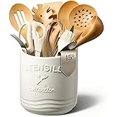 AISBUGUR Large Ceramic Utensil Holder: 7.5" H×6.3" W with Slanted Mouth - Utensil Crock with Non-Slip Cork Base for Kitchen Counter, Ideal for Decor & Gift, White