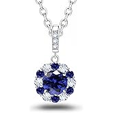 Sapphire Necklace Sterling Silver Sparkling CZ Blue Round Halo Pendant Necklace Fashion Exquisite Round Cut Halo Pendant Luxurious September Birthstone Jewelry Gifts for Birthday Wedding Christmas
