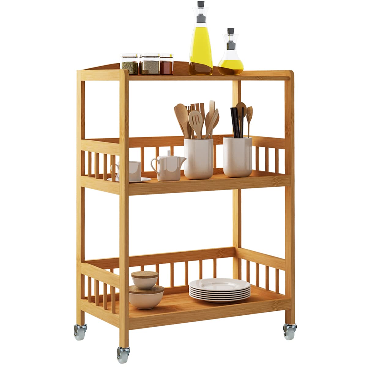 sogesfurniture Bamboo Kitchen Serving Trolley Cart 3 Tier Kitchen Storage Rack Serving Trolley on wheels Restaurant Storage, KS-ZC05-BH