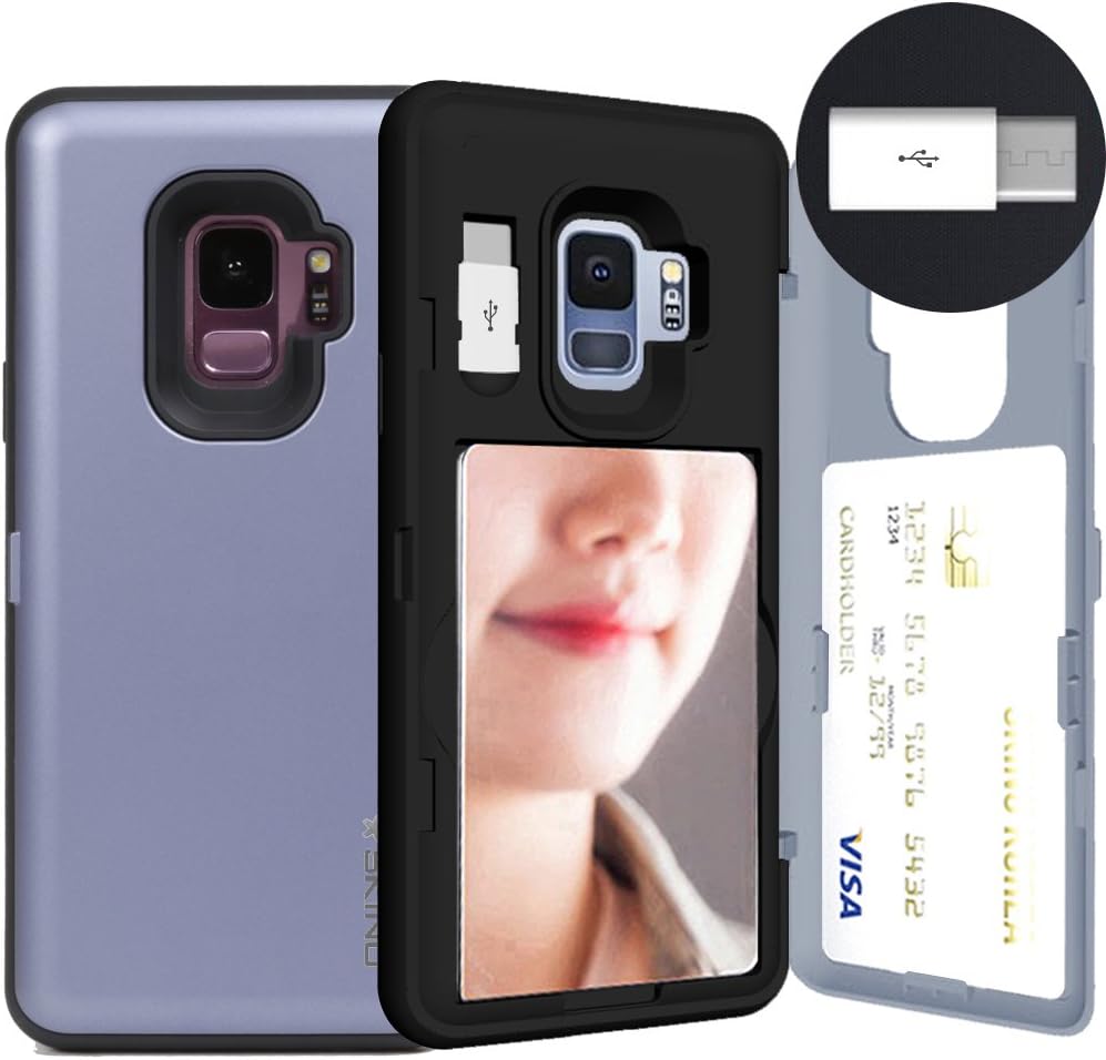 Galaxy S9, SKINU [Galaxy S9 Wallet Case] Galaxy S9 Charger Dual Layer Hidden Credit [S9 Card Case] Holder ID Slot Card Case with Inner USB Type C Adapter and Mirror for Galaxy S9 (2018) - Orchid Gray