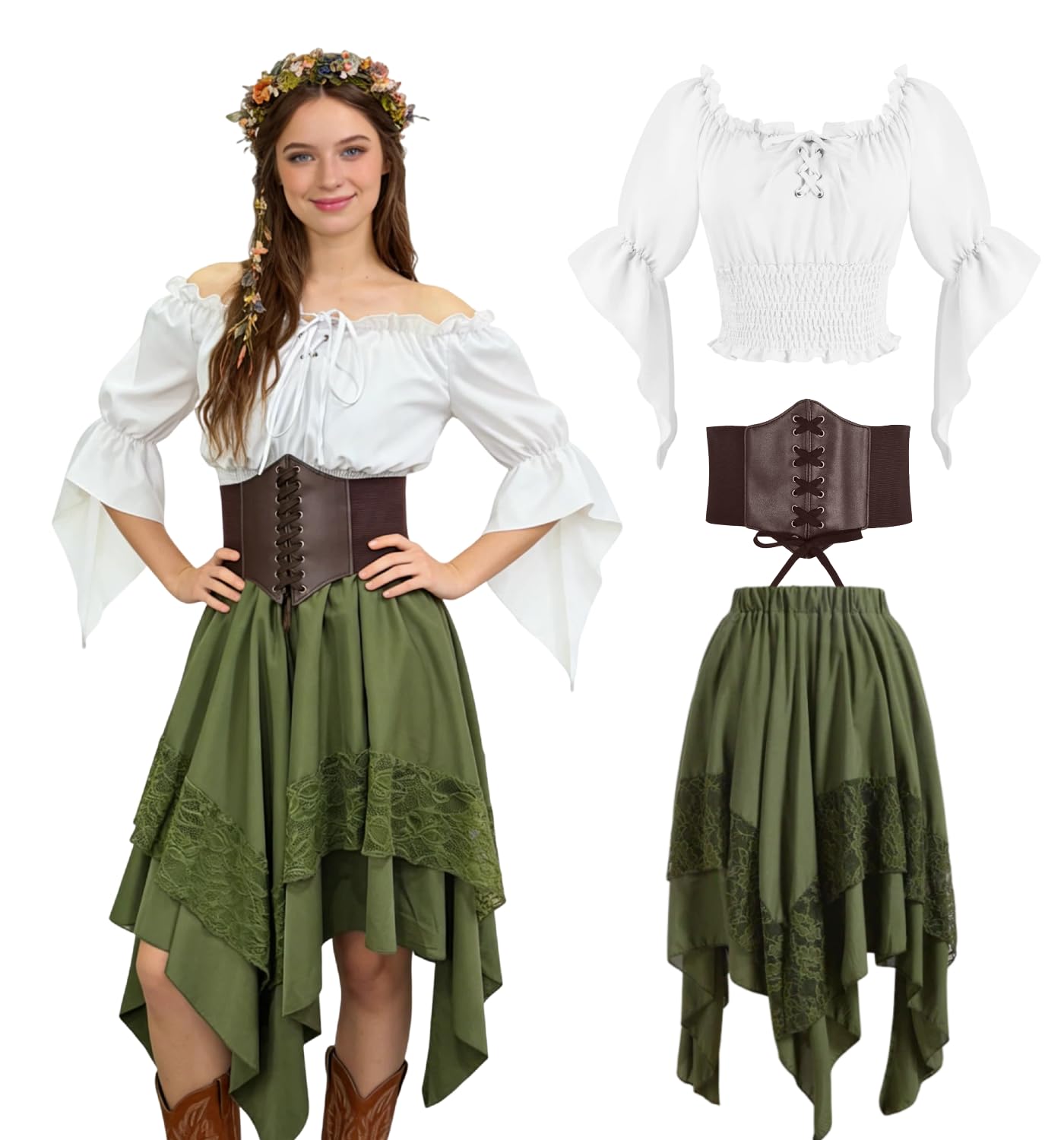minkasic Medieval Costume Women Set Elegant Top, Skirt, Corset Belt for Renaissance Faire (Green, S)