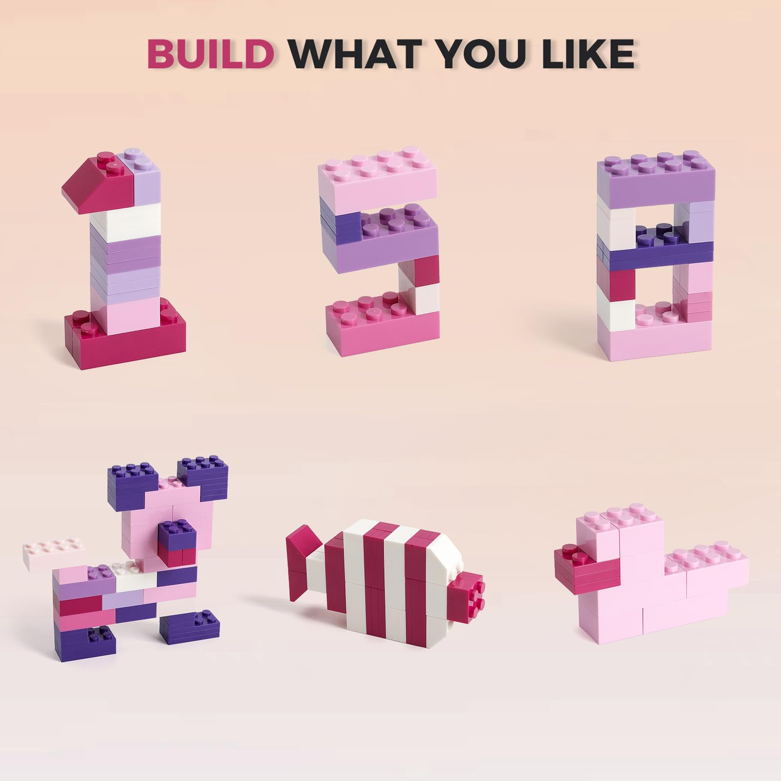 1500 Pieces Building Bricks, Building Bricks Set for Girls Age 6-7-8-12, Classic Bulk Small Blocks, Blocks Set (Pink Purple White)