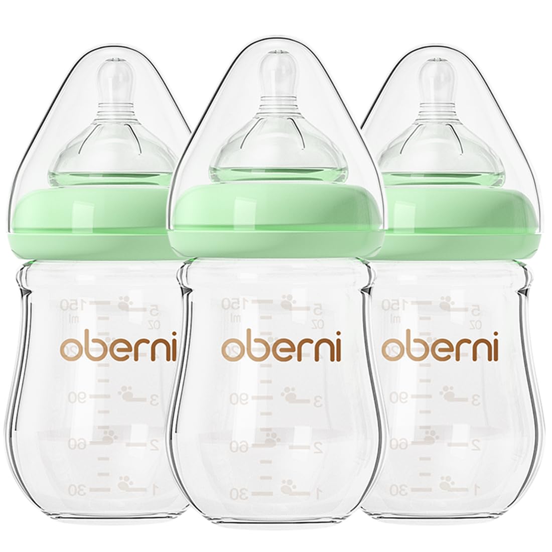 Oberni Anti-Colic Glass Baby Bottles with Slow Flow Breast-Like Silicone Teat, 150ml, 0+ Months, Wide-Neck, Green/3Pack