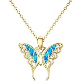 SISGEM 14K Real Gold Butterfly Necklace with Blue Opal for Women,Yellow Gold Butterfly Pendant Necklace Dainty Filigree Butterfly Jewelry Gifts for Birthday Christmas 16+1+1 inch