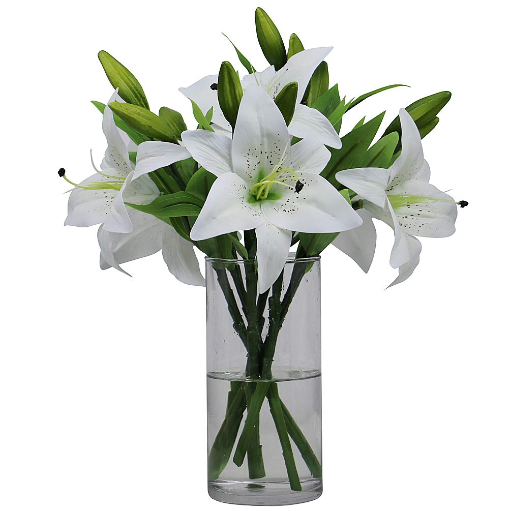 Omygarden 6pcs White Artificial Lily Flower, Faux Plastic Lily, Home Office Garden Wedding Party Easter Day Decoration, WITHOUT VASE