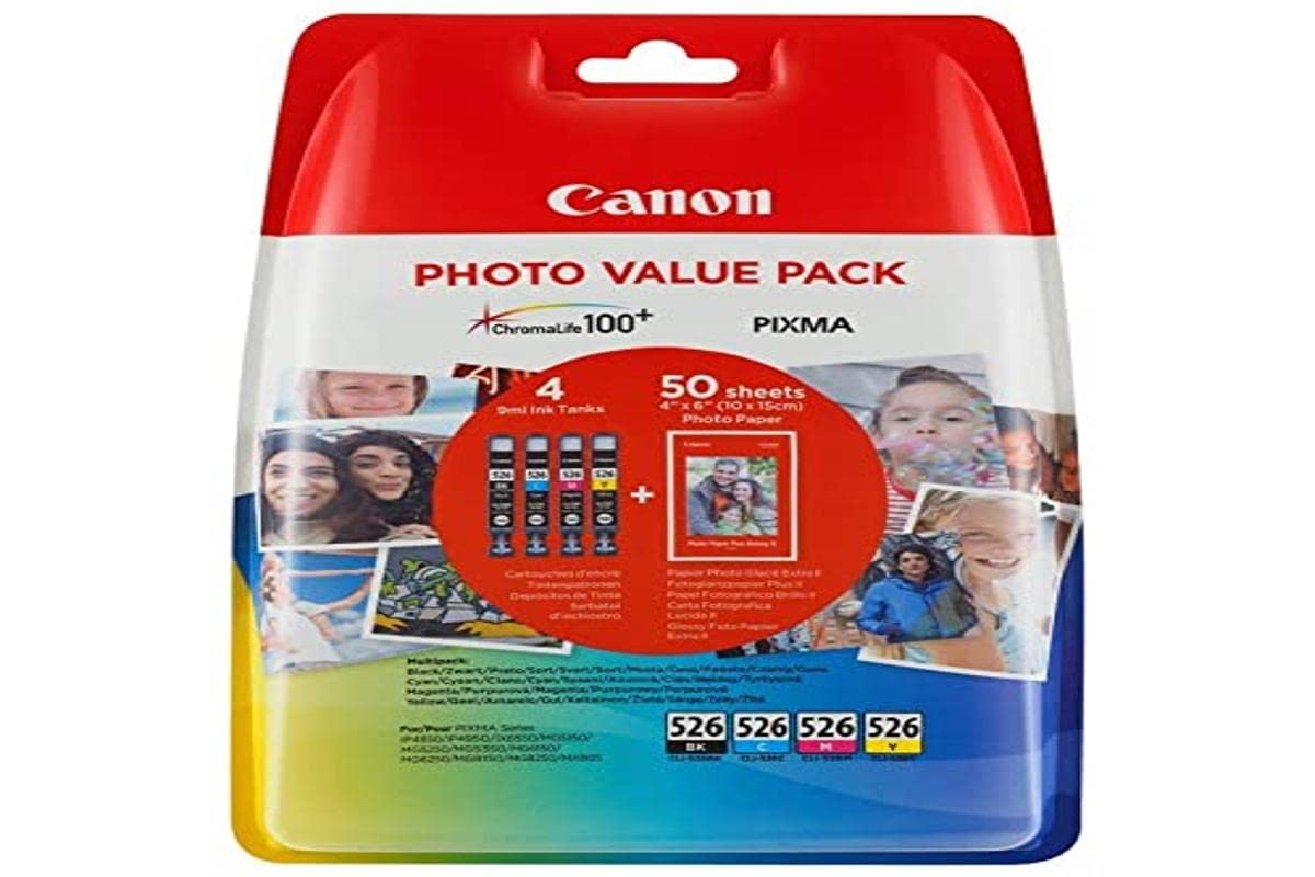 Canon CLI-526 C M Y BK VALUE Pack of 4 cartridges (Black Cyan Magenta Yellow) + 50 sheets of 10x15cm Canon Photo Paper Genuine Canon (Plastic Pack)