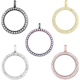 WANDIC Rhinestone Photo Charms, 5 Pieces Mixed Colors Round Memory Locket Pendant Bridal Wedding Bouquet Charms for Photo or Decoration, 30mm