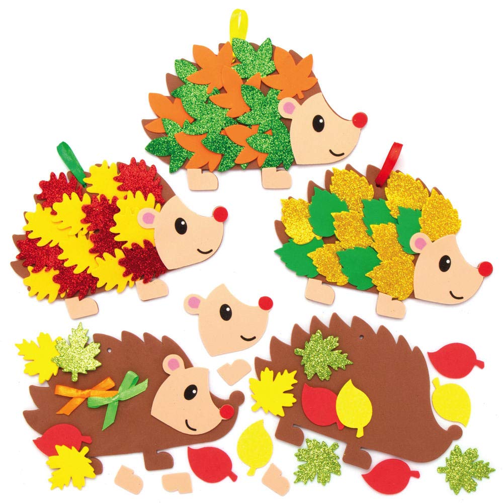 Baker Ross AX163 Leafy Hedgehog Kits - Pack of 5, Decorations for Autumn and Winter Arts and Crafts, Green,Orange,Red,Yellow