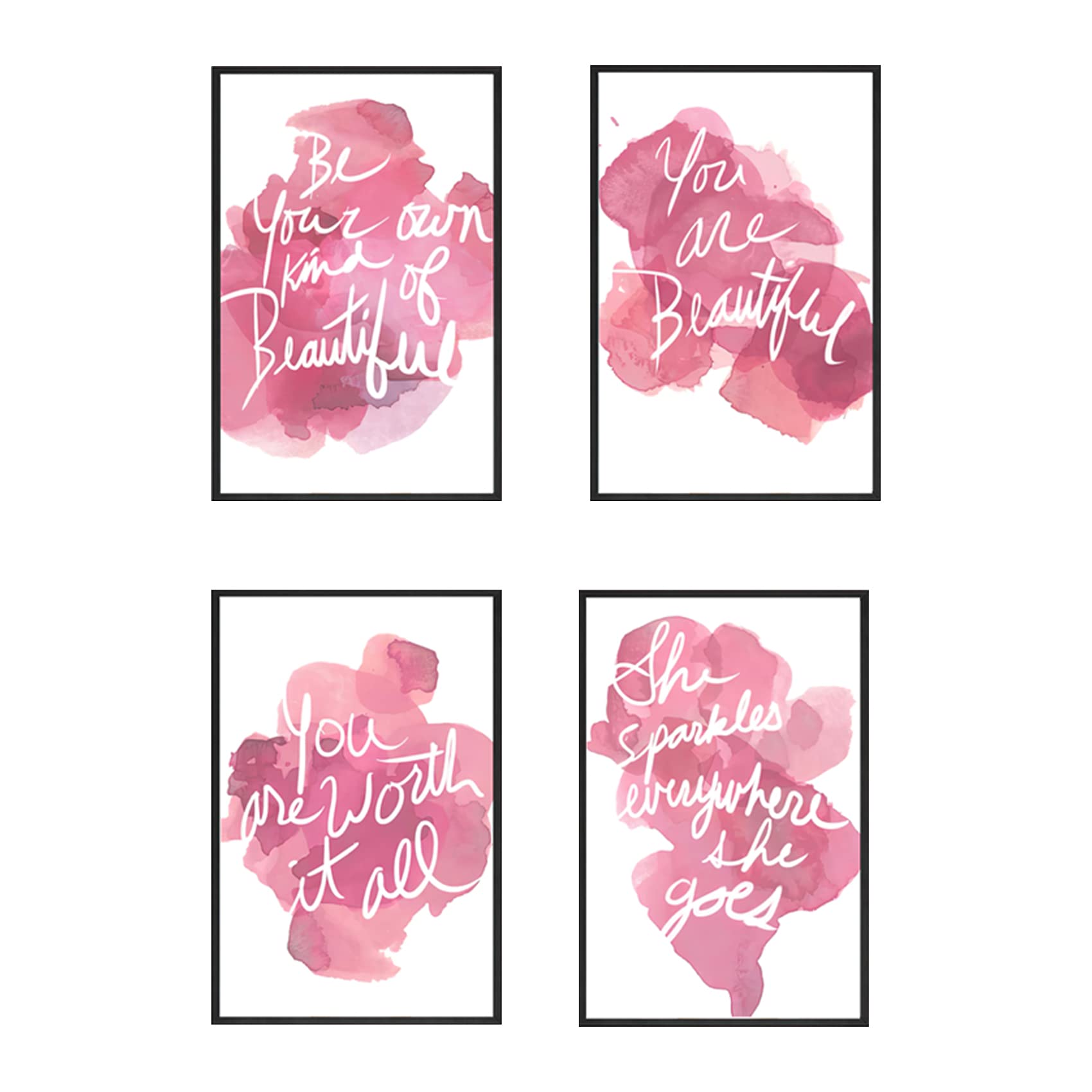 Set of 4 Inspirational Wall Art Pink Canvas Posters Framed Positive Quote for Girls Bedroom Living Room Home Decor