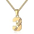 Hatti Doris Baseball Number Necklace for Men 00-99 - Jersey Number Necklace with Stainless Steel Gold Plated Chain & Baseball Charm Pendant