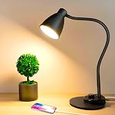 BOHON LED Desk Lamp with USB Charging Port 3 Color Modes Dimmable, Black | Reading Light Intelligent Induction Auto Dimming Task Lamp Neck Flexible Table Lamp for Bedside Office, AC Adapter Include