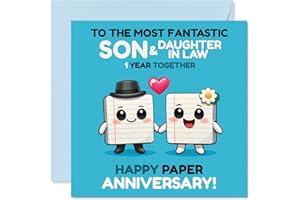 Cute 1st Anniversary Card for Son & Daughter in Law - Adorable Cartoon Couple Celebrating One Year - Playful Love-themed Desi