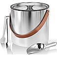 Bakpoco Double-Wall Vacuum Insulated Ice Bucket with Lid, Scoop, Ice Tong, Strainer & Leather Handle Keep Ice Frozen Longer L