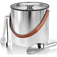 Bakpoco Double-Wall Vacuum Insulated Ice Bucket with Lid, Scoop, Ice Tong, Strainer & Leather Handle Keep Ice Frozen Longer L