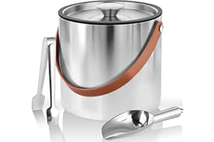 Bakpoco Double-Wall Vacuum Insulated Ice Bucket with Lid, Scoop, Ice Tong, Strainer & Leather Handle Keep Ice Frozen Longer L