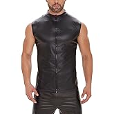 xokesy Men Soft Leather Tank Top, Shiny Matte Leather, Elastic, Full Zipper Leather Vest