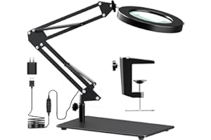 HITTI 10X Magnifying Glass with Light and Stand, 2-in-1 LED Lighted Magnifier Large Base & Clamp, 3 Color Modes Stepless Dimmable Magnifying Lamp, Adjustable Swing Arm for Repair Crafts Soldering