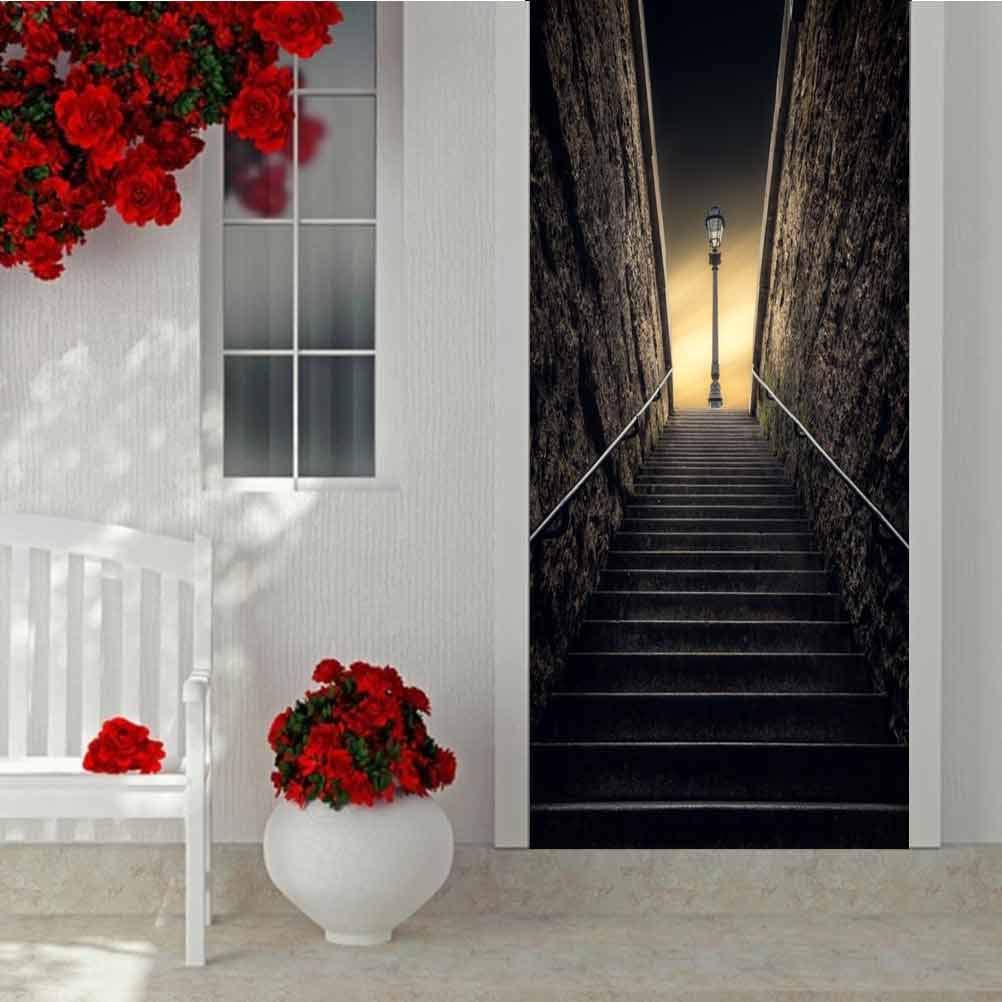 Home Decor 3D Self Adhesive Door Sticker, Stairway and Street Light Behind The Pont Neuf Paris France, Home Decoration Self-Adhesive Removable Art Door Decals W30.3 x L78.7 Inch