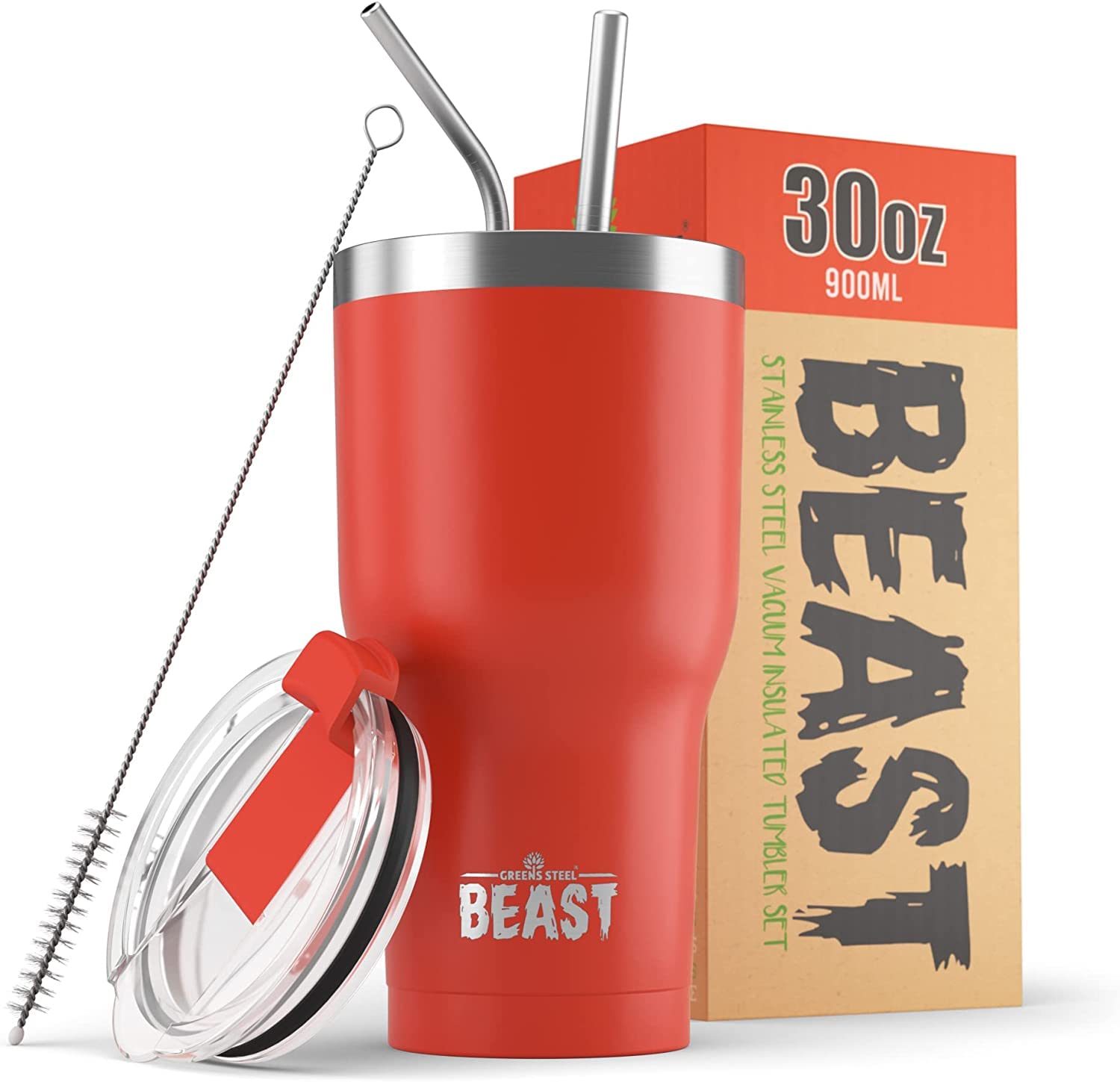 Beast Tumbler - 900 ml (30 oz), Red | Reusable Stainless Steel, Vacuum Insulated Cup | with + 2 Straws & Cleaning Brush | Double Wall Travel Flask Perfect for Hot or Iced Coffee | BPA Free