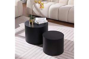 JURMALYN Black Drum Coffee Table Round Nesting Coffee Tables Set of 2 Wood Circle Coffee Table Round Ottoman Coffee Table Side Table End Table for Small Sofa for Living Room Bedroom No Need Assembly