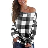 Cosonsen Women's Off Shoulder Top Long Sleeve Plaid Tee Shirt Blouse