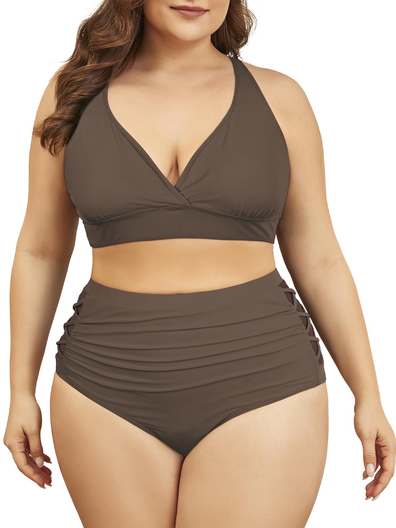 Photo 1 of Womens High Waisted Bikini Plus Size Swimsuit 2 Piece Tummy Control Bathing Suits Plus Size Swim Suit Brown 14 Plus