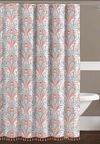 Ingrid Collection Paisley Floral Fabric Shower Curtain: Elegant Orange Coral Aqua Grey White with Boho Fringe