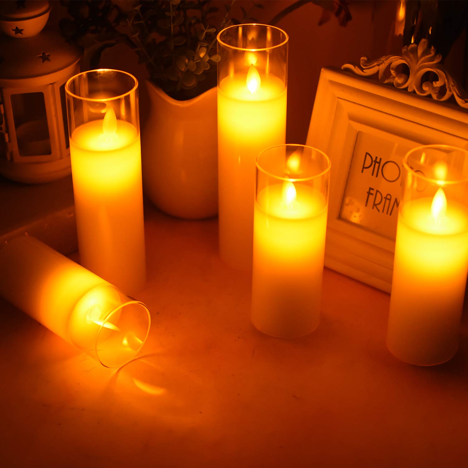 ACROSS Flickering Flameless Candles Battery Operated Pillar Real Wax Moving Wick LED Glass Candle Sets with Remote Control Timer for Halloween Holiday Christmas Wedding Party, 5\