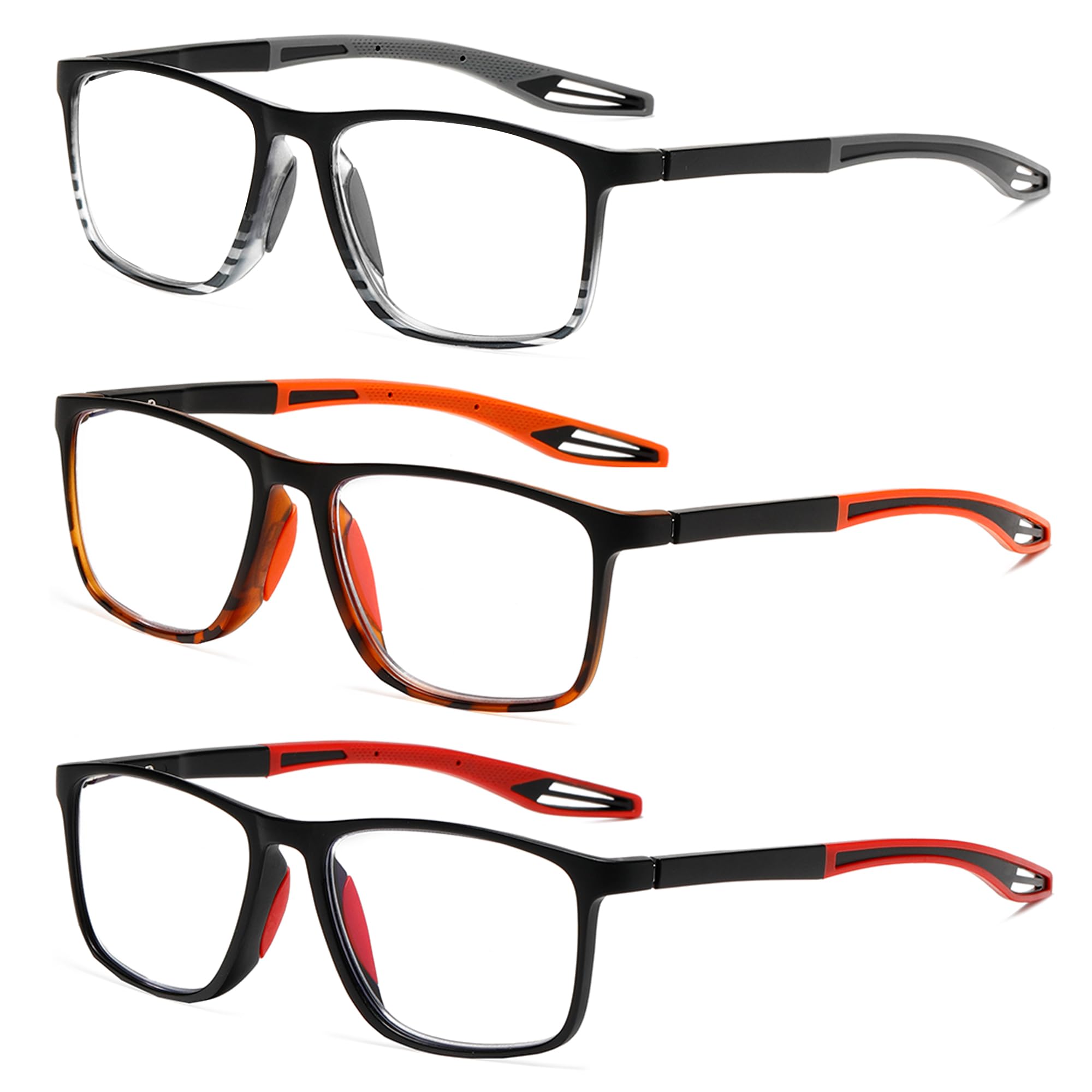 Fsread 3 Pack TR90 Sports Reading Glasses for Men Blue Light Blocking With Spring Hinges Rectangle Lightweight Flexible and Trendy Design Anti UV/Eyestrain/Glare Computer Readers +3.0