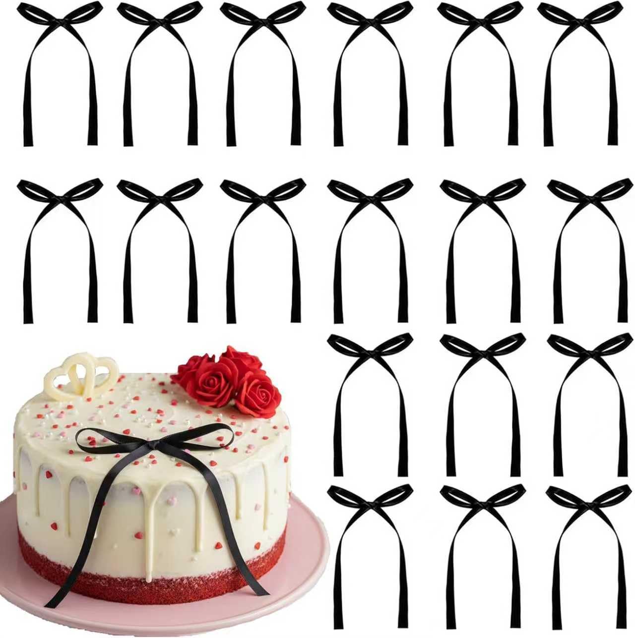 20 PCS Black Bow Cake Toppers, Black Ribbon Bows for Cake, Coquette Birthday Decorations for Baby Shower, Wedding, Bachelorette, Graduation, Engagement, Dessert Table, Easter Decorations