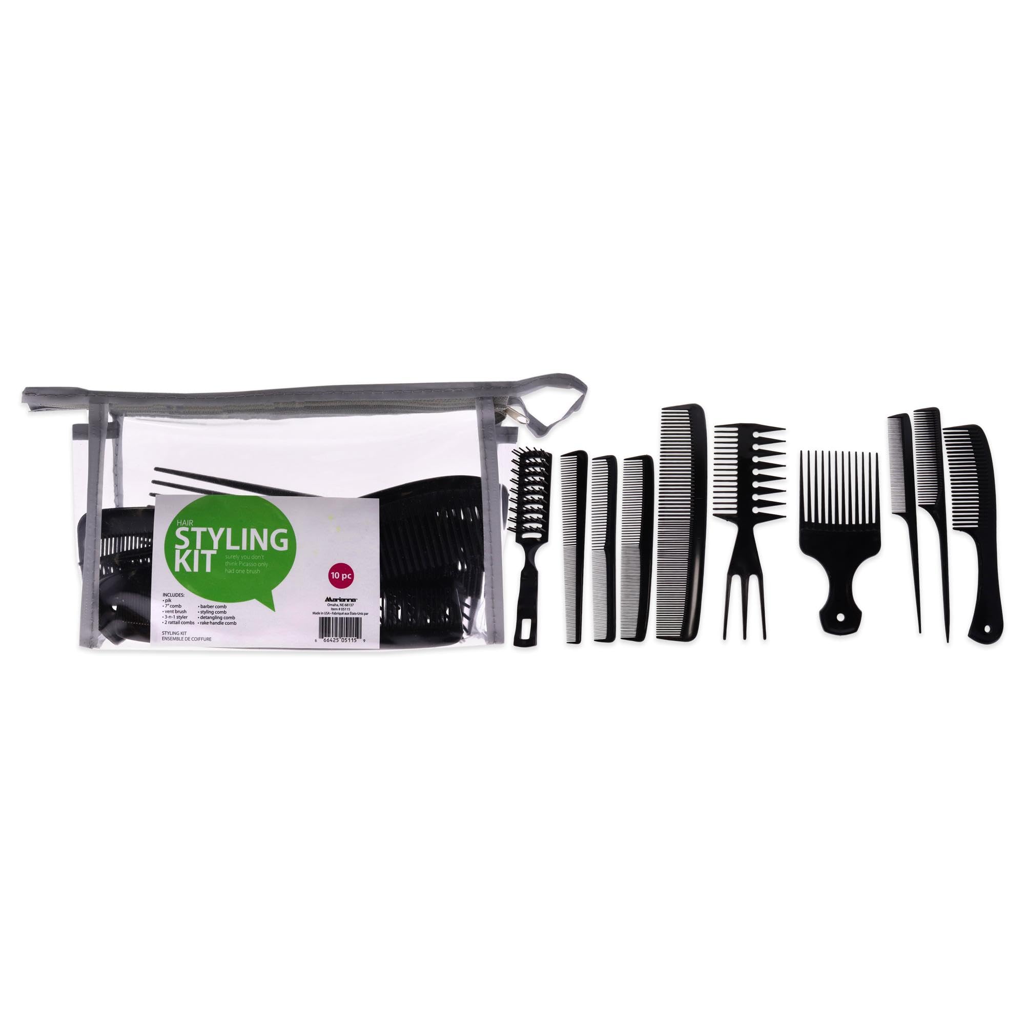 Hair Styling Kit - Black by Marianna for Unisex - 10 Pc Pik, Comb, Vent Brush, 3-In-1 Styler, 2 Rattail Combs, Barber Comb, Styling Comb, Detangling Comb, Rake Handle Comb