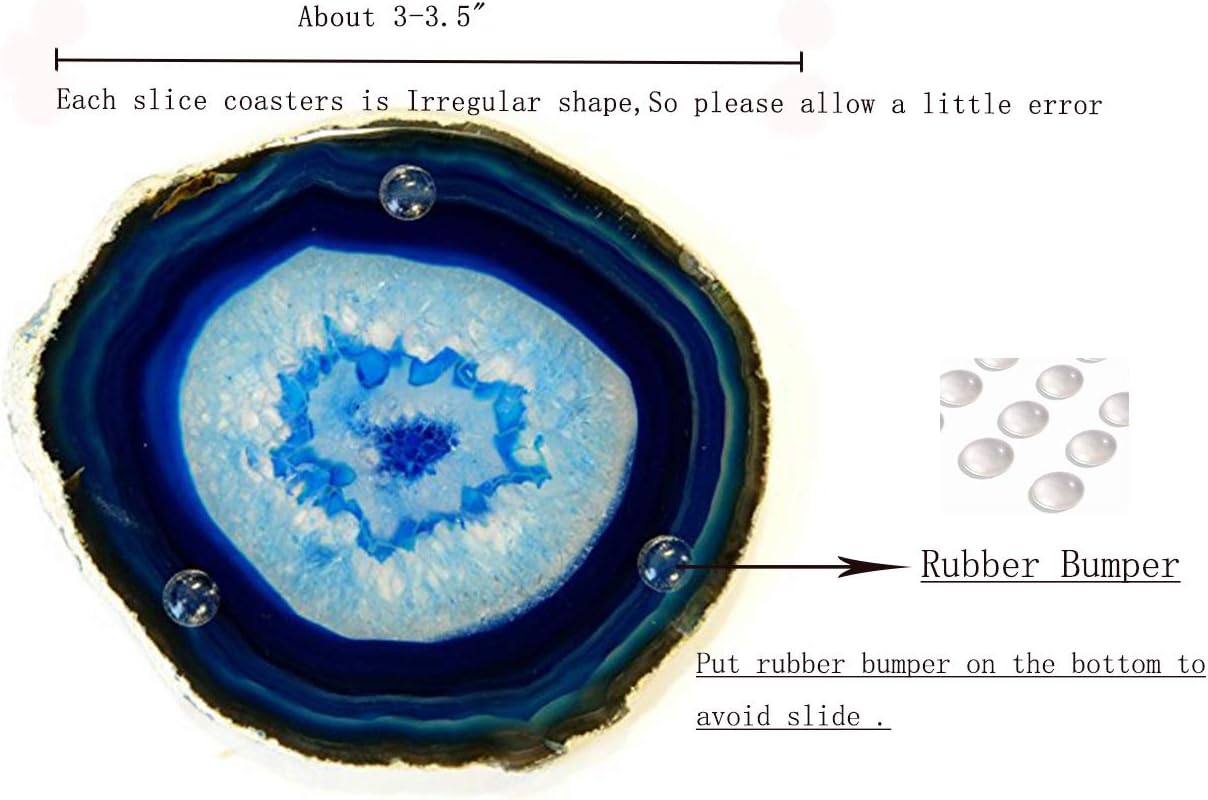 JIC Gem 3-3.5" Dyed Blue Color Small Size Agate Coastes Polished Natural Geode Stone Coasters Agate Slices Set of 4 with Protective Rubber Bumper Home Decorative: Kitchen & Dining
