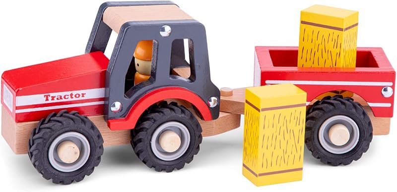 Woet Wooden Tractor with Trailer Hay Bales Kids Farm Playset First Driver