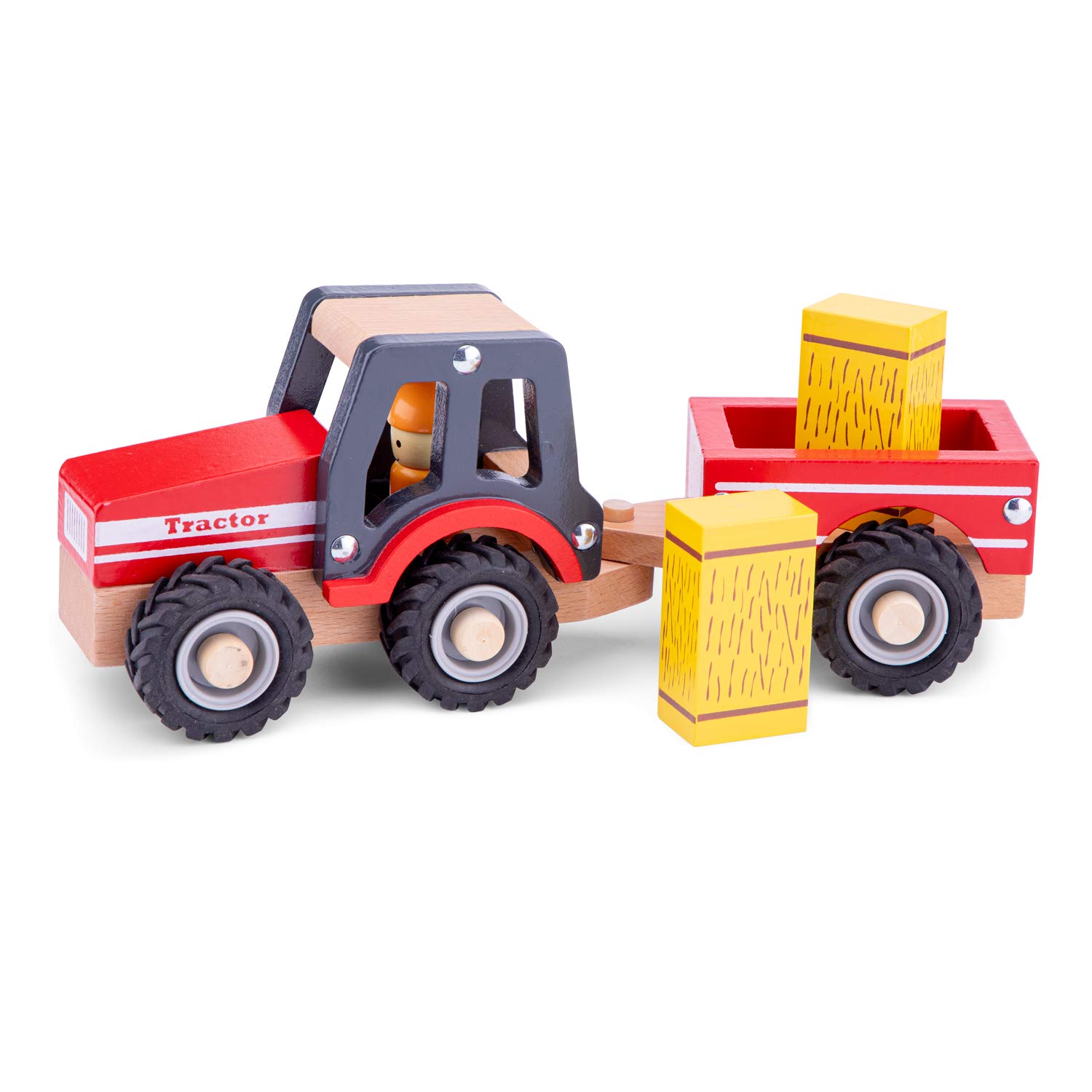 Woet® Wooden Toy Tractor with Trailer for Kids - With Hay Bales - Farm Vehicle Playset - Pretend Play Toy - Age 2 Years+